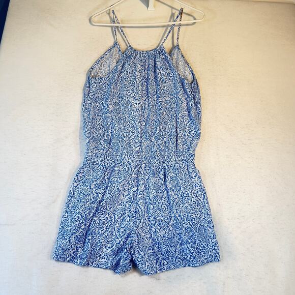 Splendid Romper Jumper Woman's Medium Blue/ White Geometric All Rayon Made USA - Picture 6 of 16